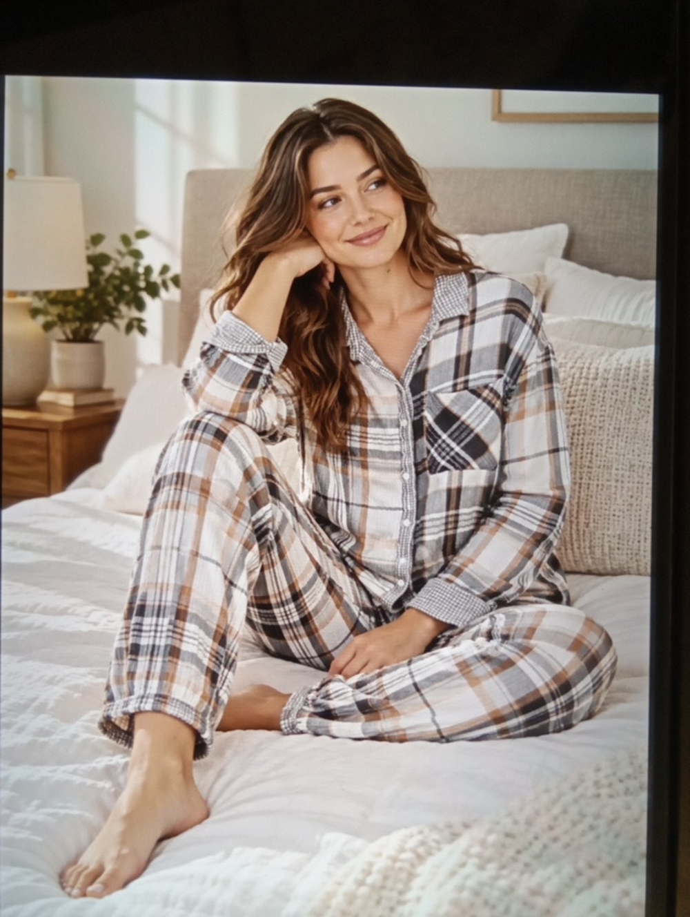 aerie Womens XL Plaid Set Top& Bottom Gauze Pajamas Cotton Neutral Cozy XL
